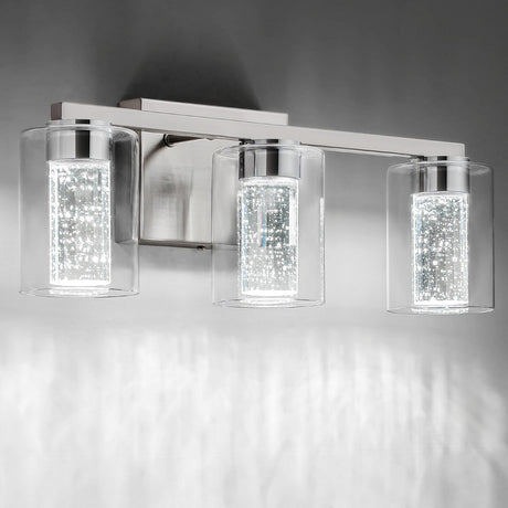 SineRise 3-Light Brushed Nickel Vanity Light with 3 Color Modes (3000K/4000K/6000K), Eye Protection LED Bathroom Light Fixture, Dimmable Modern Wall Light Over Mirror with Clear Glass Shade SineRise