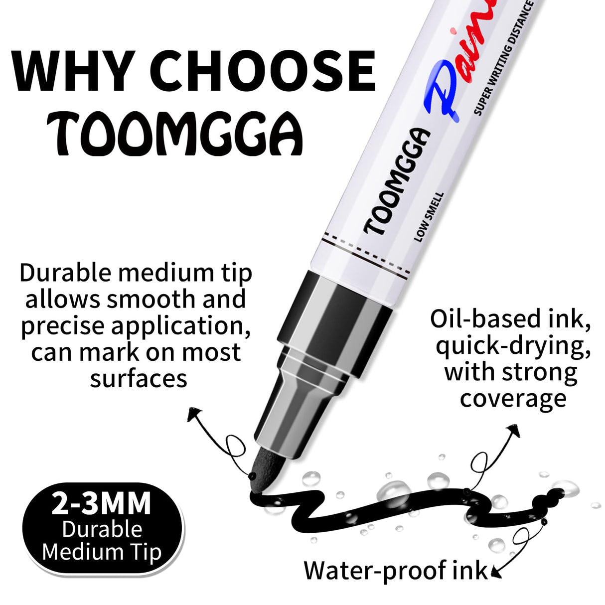 Black Paint Pens Permanent Paint Markers - 6 Pack Oil Based Marking Pens, Medium Point, Quick Drying and Waterproof Paint Pens for Rock Painting Car Tyre Metal, Plastic, Canvas, Wood TOOMGGA