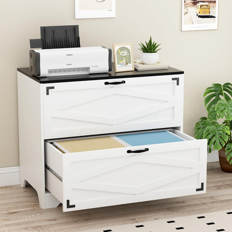 VOWNER 2 Drawer Farmhouse File Cabinet, Wood Lateral Filing Cabinet for Home Office, Large File Storage Printer Stand for A4/Letter Size Files, with Anti-tilt Mechanism, 35" W x 20" D x 29" H, White VOWNER
