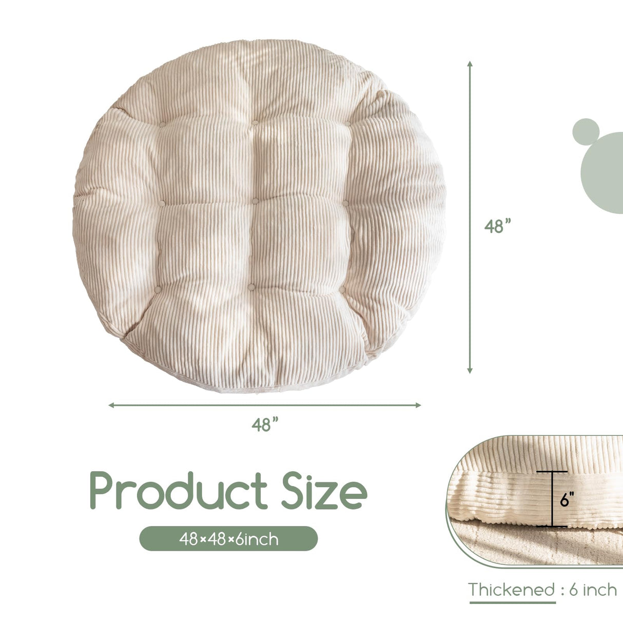 HIGOGOGO Papasan Chair Cushion with Corduroy Cover (Without Chair), 48 x 48 Inch Supportive Cushion, Overstuffed Chair Cushion,Beige HIGOGOGO