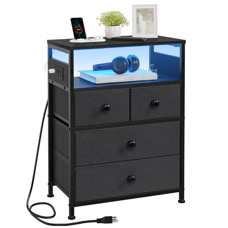 REAHOME Nightstand with Charging Station and LED Light, Tall Brown Night Stand with 4 Drawers and 2-Tier Shelf, Modern End Table with Wooden Top for Bedroom, Living Room, Hallway - Black Grey REAHOME