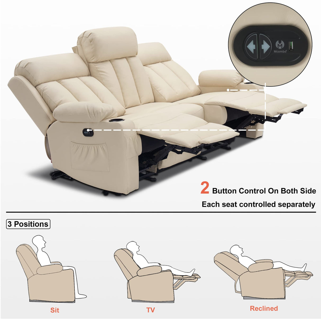 MCombo Power Reclining Sofa with Heat and Vibration,USB Ports, Cup Holders,3-Seat Dual Recliner Sofa for Living Room 6077(Cream White, Reclining Sofa) MCombo