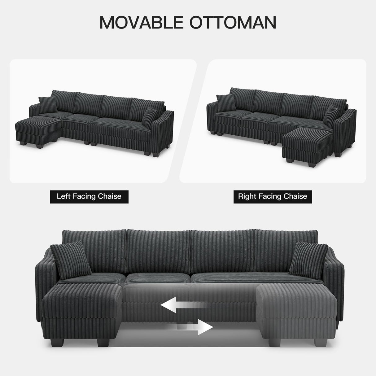 Belffin Sectional Couch with L-Shape Chaise L Shaped Couch with Ottoman Sectional Couches for Living Room Corduroy (Dark Grey, L Shaped) Belffin