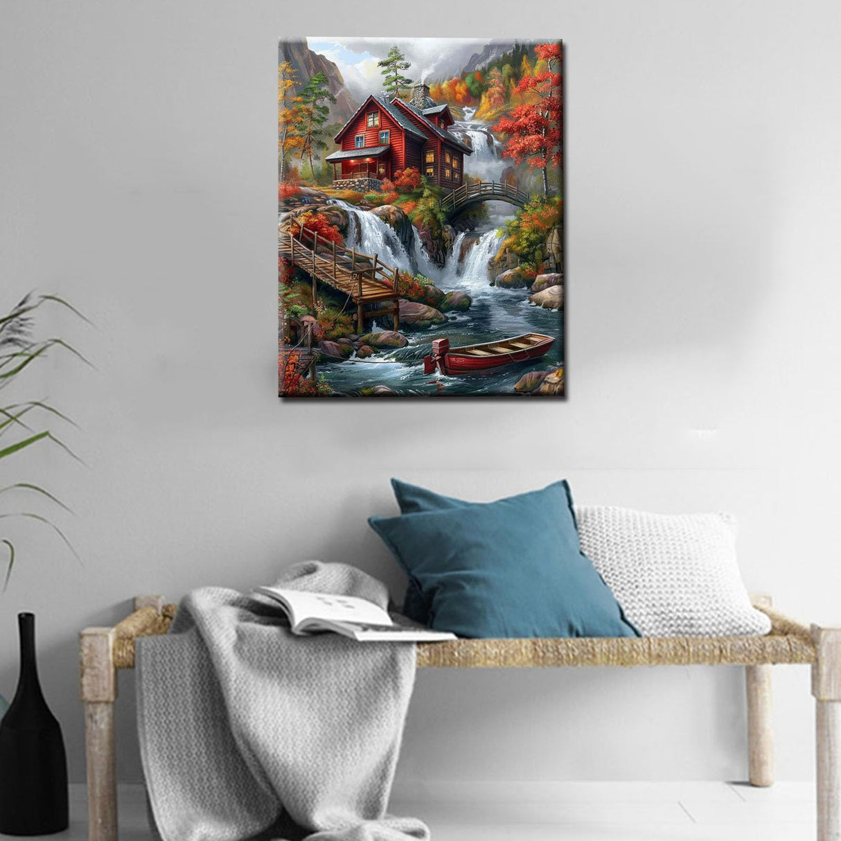 Native American Waterfall Paint by Numbers Kits 16x20 inch Canvas Red Wooden House DIY Oil Painting for Kids, Adults Beginner River with Boat Paintwork with Brushes Home Decor Boho Gift(Frameless) Tucocoo