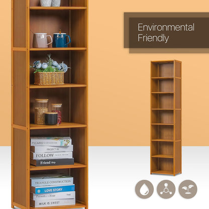 BRIGHTORIA 7 Tier Bookshelf, Bamboo Tall Free-Standing Space-Saving Narrow Bookcase for Living Room, Study, or Home Storage and Display