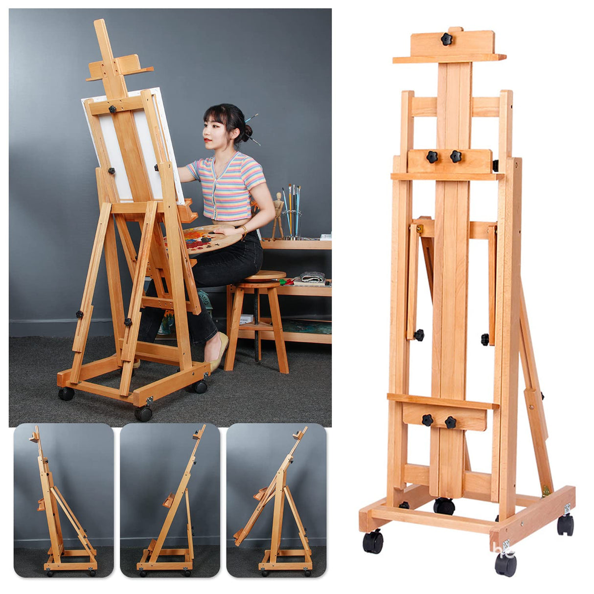 foriy H Frame Easel Multi-Function Studio Easel Solid Beech Wood Easel Adjustable Painting Canvas Holder Stand Tilts Flat Artist Easel with Locking Caster Wheels foriy