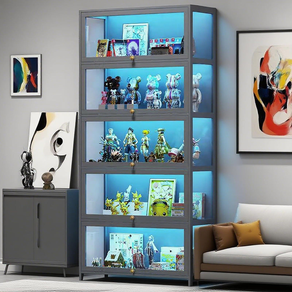 5-Tier Display Cabinet with Acrylic Doors, 67.5" Transparent Curio Display Case for Figures, Collectibles Toy Organizers Rack & Display Shelf, Kids Bookcase for Home, Office, Playroom, Living Room IHGSSKD