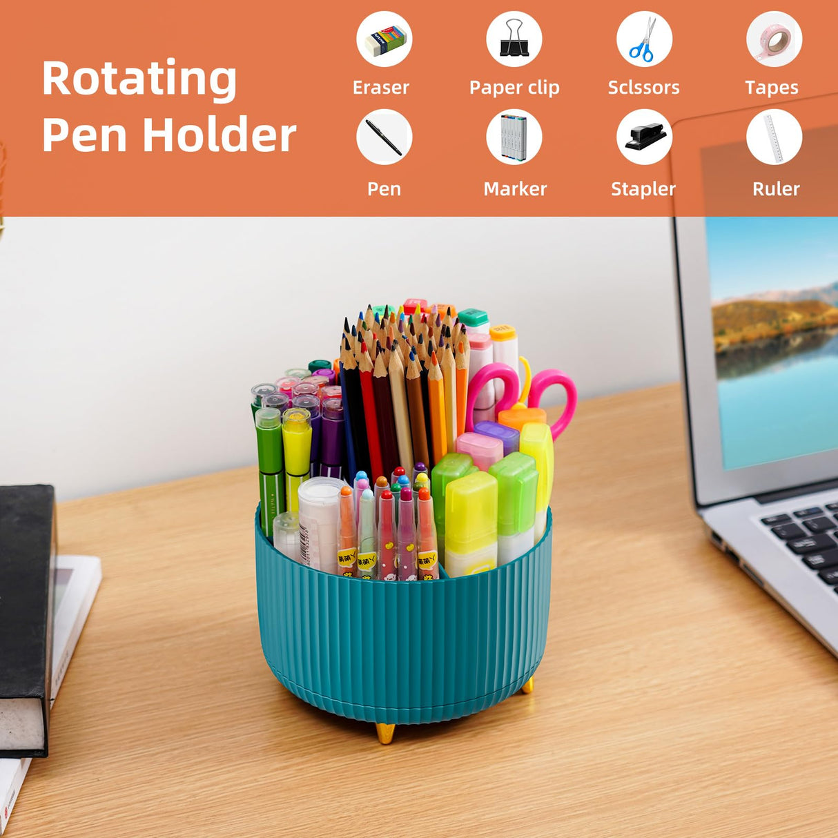 Marbrasse Desk Organizer, 360-Degree Rotating Pen Holder for Desk, Desk Organizers and Accessories with 5 Compartments Pencil Organizer, Art Supply Storage Box Caddy for Office, Home（Green） Marbrasse