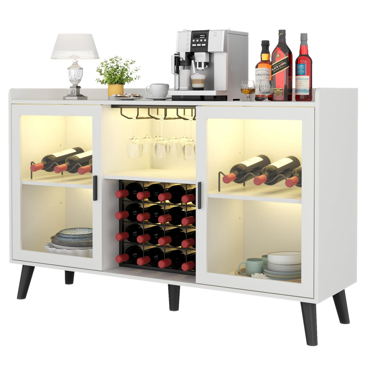 Auromie Wine Bar Cabinet with Led Light, Home Coffee Cabinet with Wine and Glass Rack, Kitchen Buffet Sideboard with Storage Shelves, Freestanding Liquor Cabinet for Living Room, Dining Room (White) Auromie