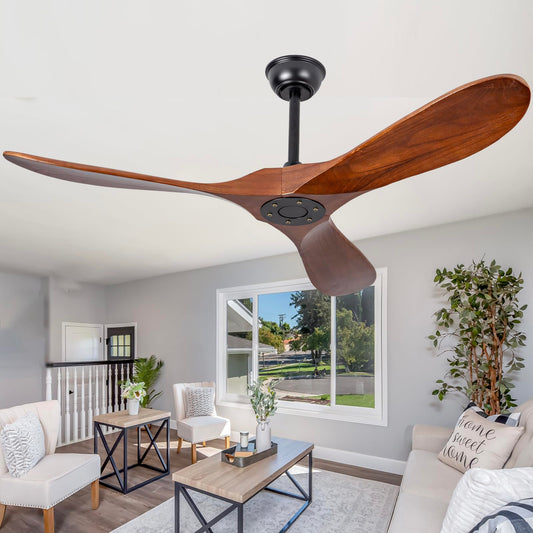 Ceversa 52 Inch Solid Wood Ceiling Fan No Light Remote Control,Outdoor Real Wood Ceiling Fan Without Light 3 Blades Walnut Exquisite Craftmade Quiet for Patio,Farmhouse,Living Room, Bedroom, Office