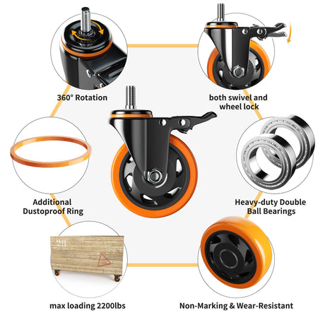 5 Inch Caster Wheels, Threaded Stem Casters Set of 4 Heavy Duty, Cart Wheels 1/2"-13 x 1 (Screw Diameter 1/2", Stem Length 1"), Safety Dual Locking Industrial Casters, Wheels for Cart, Furniture YUPEZOP