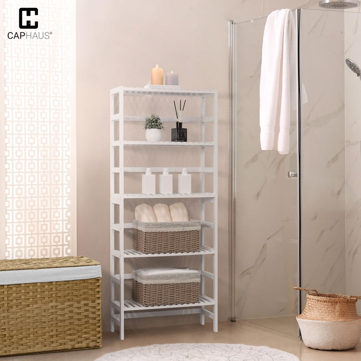 CAPHAUS 5-Tier Adjustable Bamboo Storage Shelf - Multifunctional Organiser for Home & Garden CAPHAUS