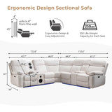 Power Recliner Sectional Sofa Wall Hugger with Bass Speakers,LED Strip,USB Ports,Storage Console,Cup Holders,Faux Leather Reclining Sectional Couch with 2 Recliners for Living Room,5 Seats,White Comfort Stretch
