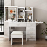 Leavader White Vanity Desk Set - 43.3" Large Vanity Table with Sliding Lighted Mirror in 3 Colors & 5 Drawers & Retractable Rack, Dressing Table Makeup Desk with Stool Set Leavader