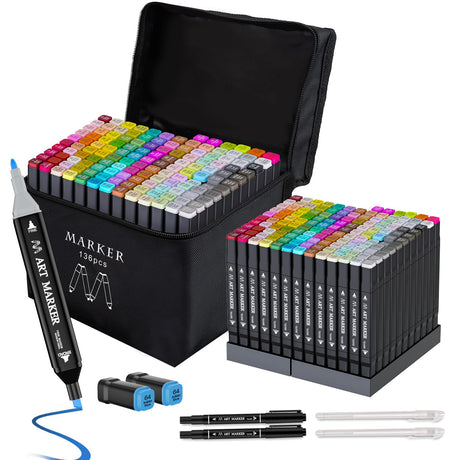 Banral Alcohol Markers Set, 136 Colors Dual Tip Alcohol Based Art Markers Pens for Artists, Permanent Drawing Markers for Adult Coloring Sketching Illustration with Case and Holders Banral