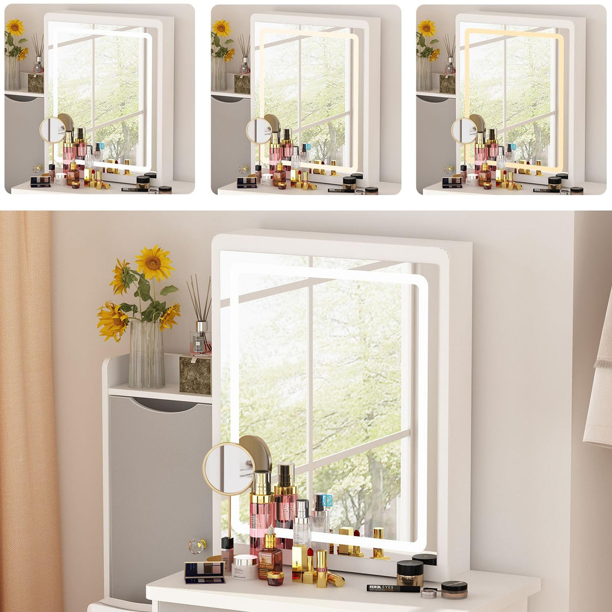 FAMAPY Vanity Desk with Mirror and Lights, Vanity Makeup Desk with Sliding Lighted Mirror, Vanity Mirror Makeup Desk with Cushion Stool, Drawers and FAMAPY