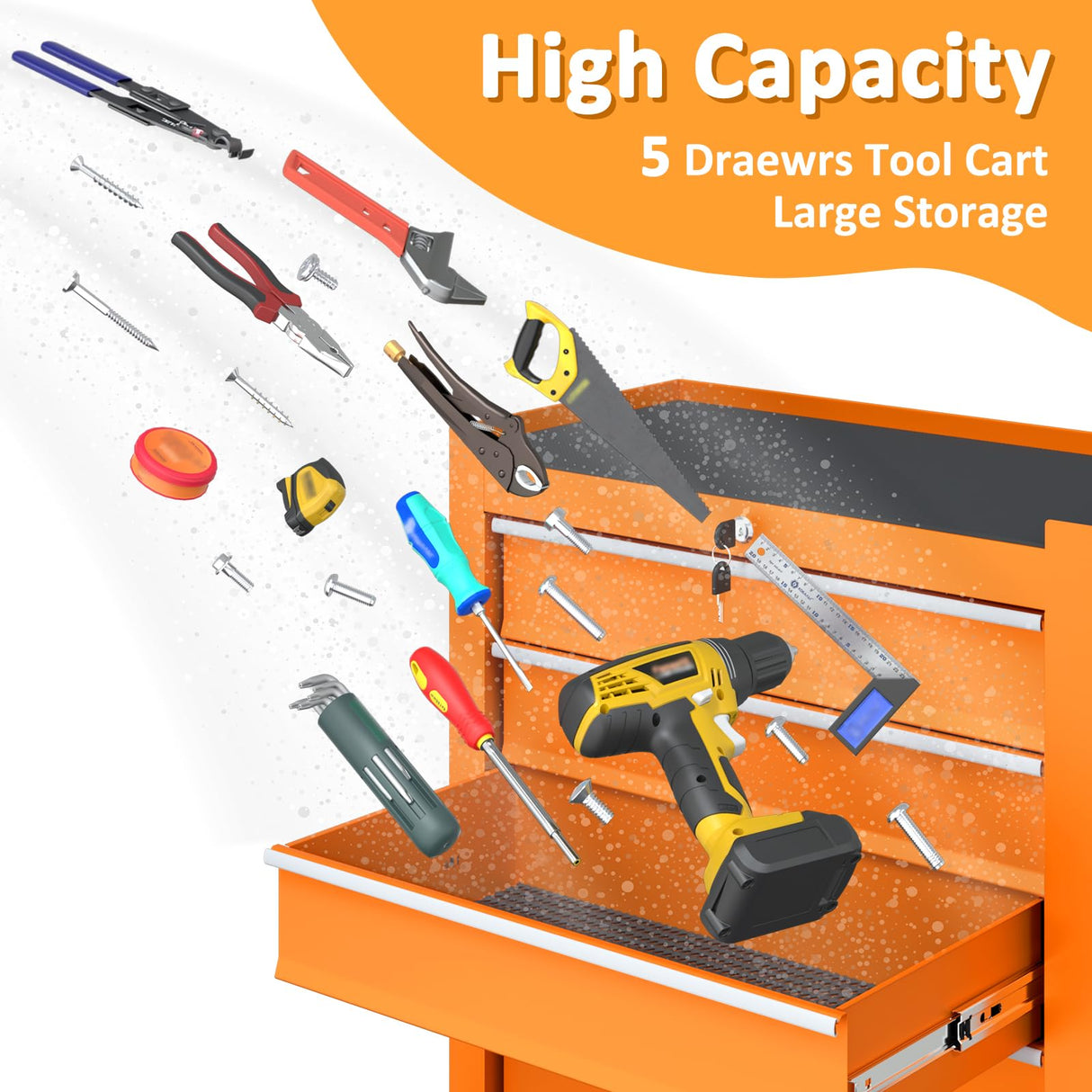 Granper 5-Drawer Tool Chest Tool Box with Wheels Movable Rolling Tool Chest High Capacity Tool Chest with Wheels Heavy Duty Tool Cabinet for Workshop, Garage, Mechanics and Repair Room(Orange) Granper