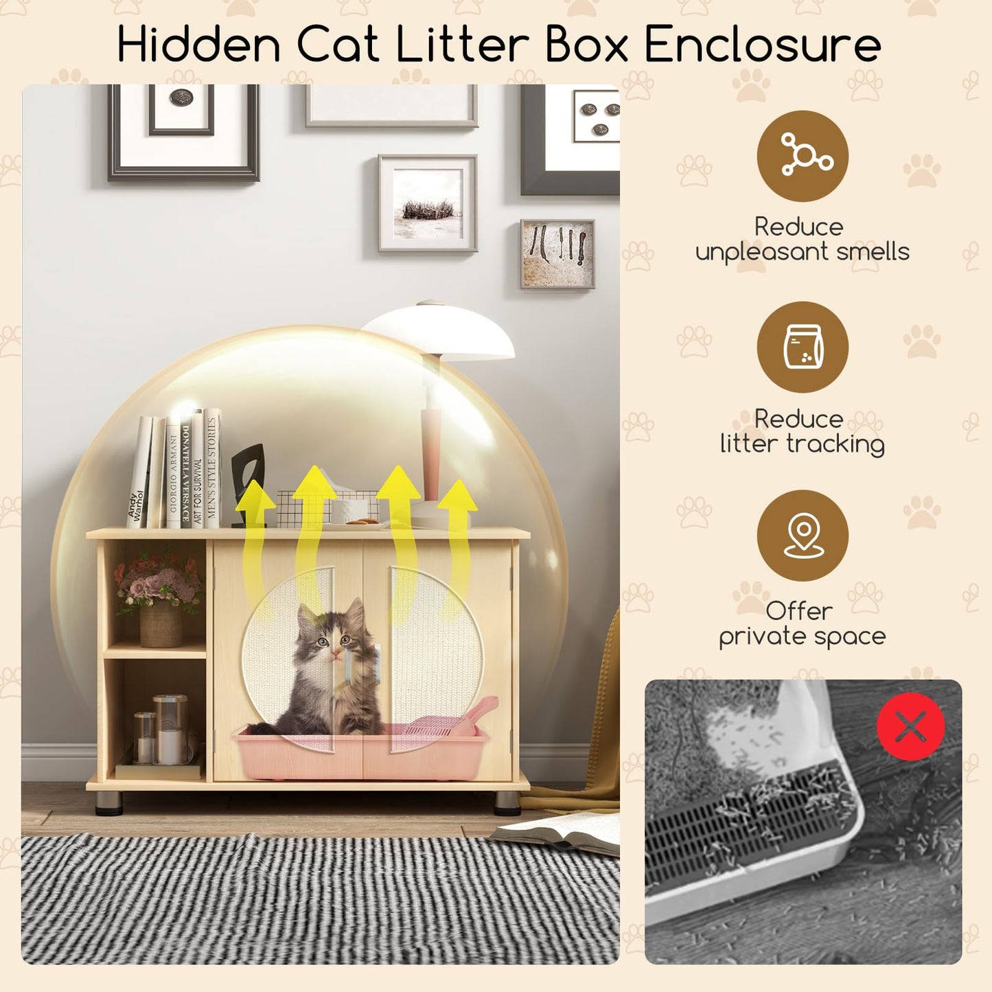 PETSITE Cat Litter Box Enclosure, Hidden Litter Box Furniture with Sisal Scratching Board Doors, Wooden Pet House Side End Table, Indoor Litter Box Cabinet with Adjustable Metal Feet