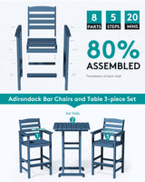 SERWALL Blue Adirondack Bar Chair and Table Set – 3-Piece Outdoor Stools for Patio and Backyard SERWALL