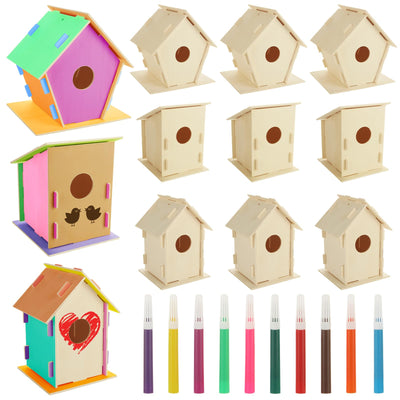 Acrux7 12 Pack Wooden Bird Houses to Paint, Unfinished Wood Bird House Kits with Color Pens, DIY Birdhouse Kits for Painting, Decorating, Building, Creative Arts and Crafts Set