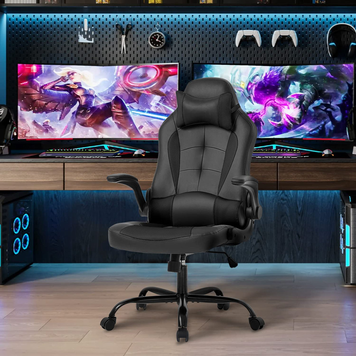 BestOffice PC Gaming Chair Ergonomic Office Chair Desk Chair with Lumbar Support Flip Up Arms Headrest PU Leather Executive High Back Computer Chair for Adults Women Men (Black) BestOffice