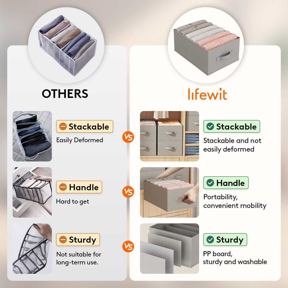 Lifewit Wardrobe Clothes Organizer 6 Pack, Large Size 6 Grids Closet Jean Storage Bins with Handles and Support Boards, Foldable Drawer Dividers for Sweater, Pants, T-Shirt, Hoodie, Dress, Grey Lifewit