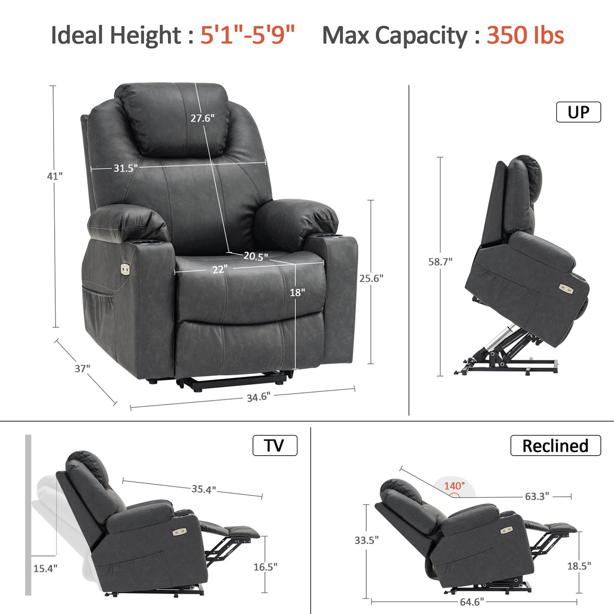 MCombo Electric Power Lift Recliner Chair Sofa with Massage and Heat for Elderly, 3 Positions, 2 Side Pockets, and Cup Holders, USB Ports, Faux Leather 7040 (Grey, Medium) MCombo