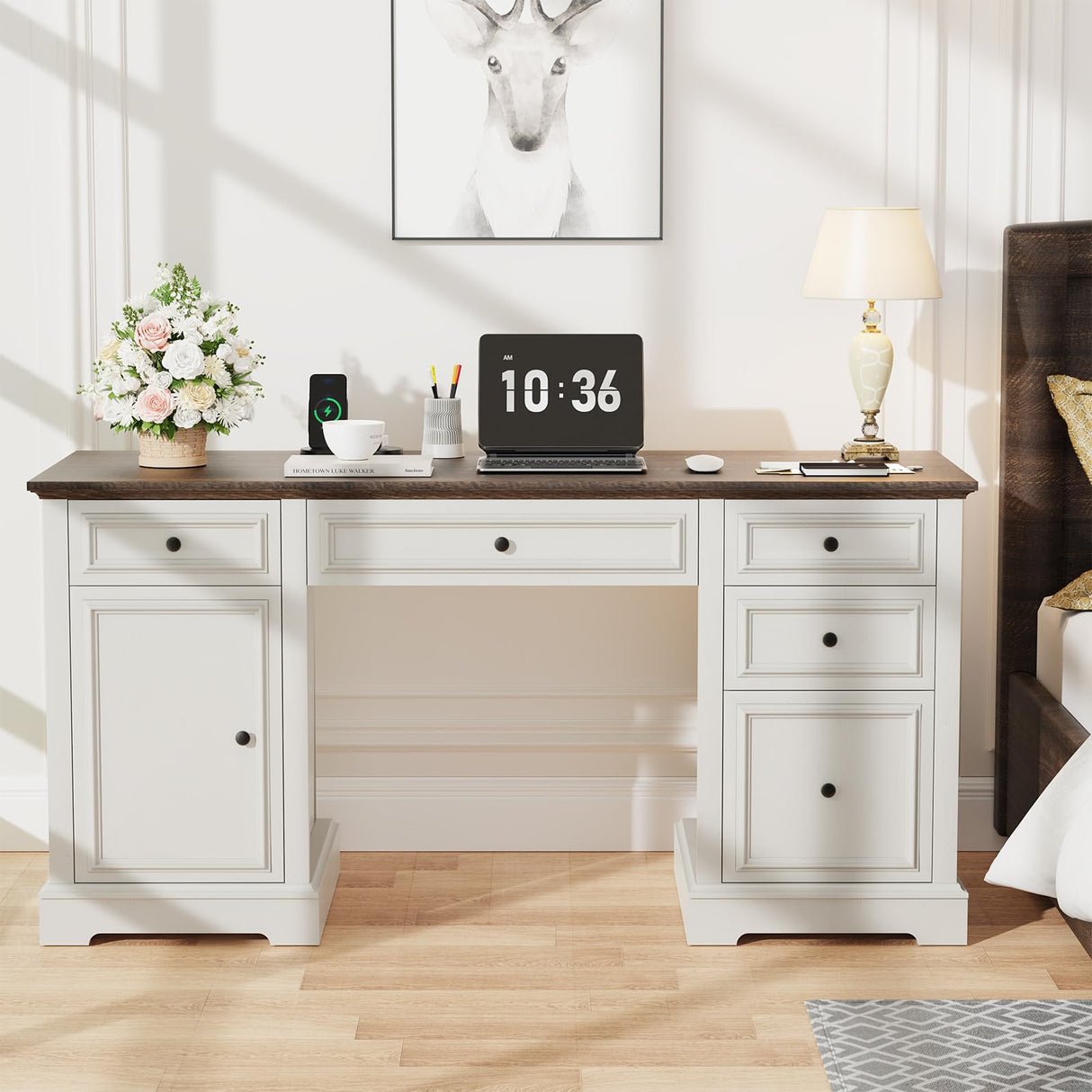 Sunny Heart 60" Executive Desk, Farmhouse Wood Computer Office Desk with Drawers & Cabinet, Rustic Home Office Desk Workstation for Home, Study, Work, Writing, Antique White Sunny Heart