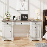 Sunny Heart 60" Executive Desk, Farmhouse Wood Computer Office Desk with Drawers & Cabinet, Rustic Home Office Desk Workstation for Home, Study, Work, Writing, Antique White Sunny Heart