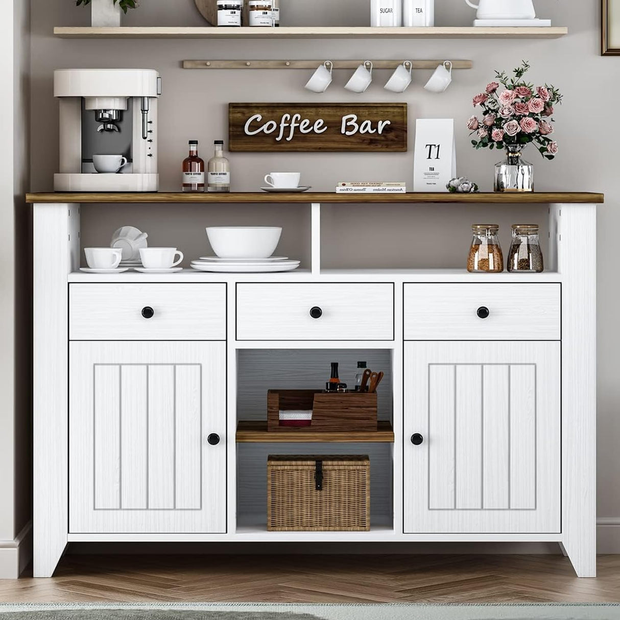 Elegant White Coffee Bar Cabinet with Storage - 47'' Farmhouse Buffet with 3 Drawers, 2 Doors, and Open Shelf 4ever2buy