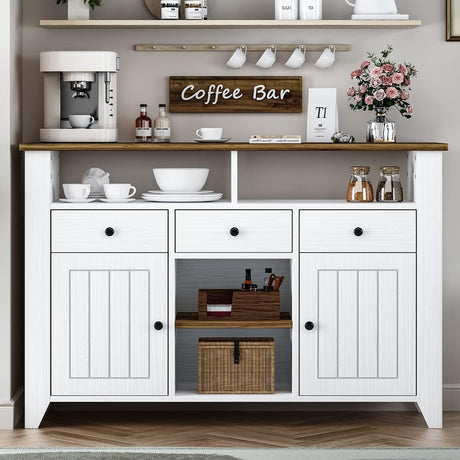 Elegant White Coffee Bar Cabinet with Storage - 47'' Farmhouse Buffet with 3 Drawers, 2 Doors, and Open Shelf 4ever2buy
