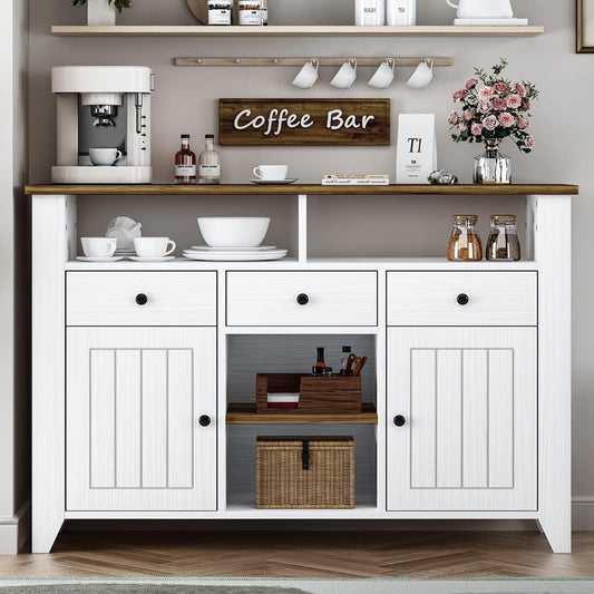 4ever2buy White Coffee Bar Cabinet with Storage, 47'' Kitchen Buffet Storage Cabinet with 3 Drawers and 2 Doors, Farmhouse Coffee Bar with Open Shelf, Coffee Bar Table for Living Room