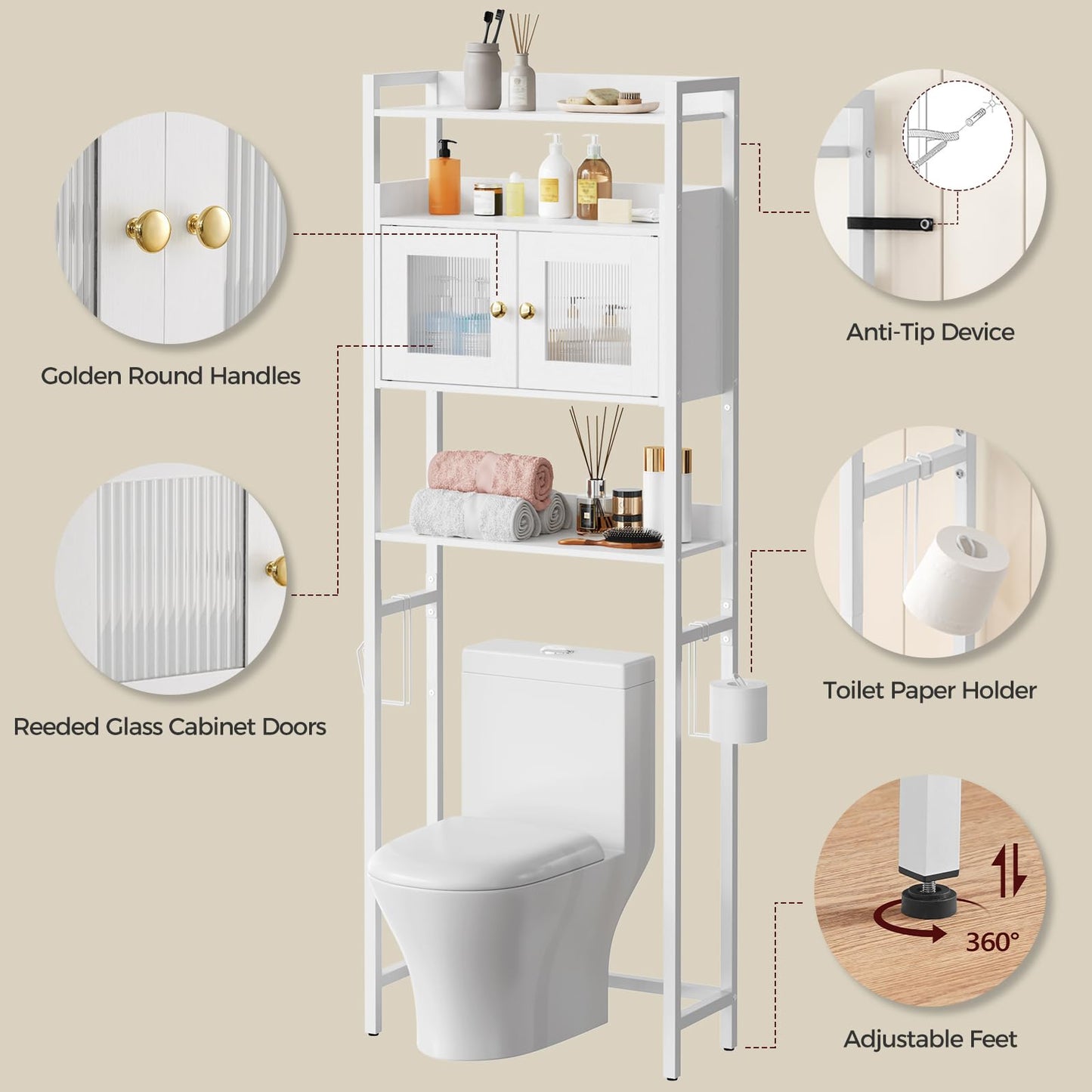 MAHANCRIS Over The Toilet Storage Cabinet, Bathroom Organizer Storage Cabinet with Double Glass Doors, Freestanding Bathroom Storage Rack with Toilet Paper Holder, Space Saver, White TSBW0501