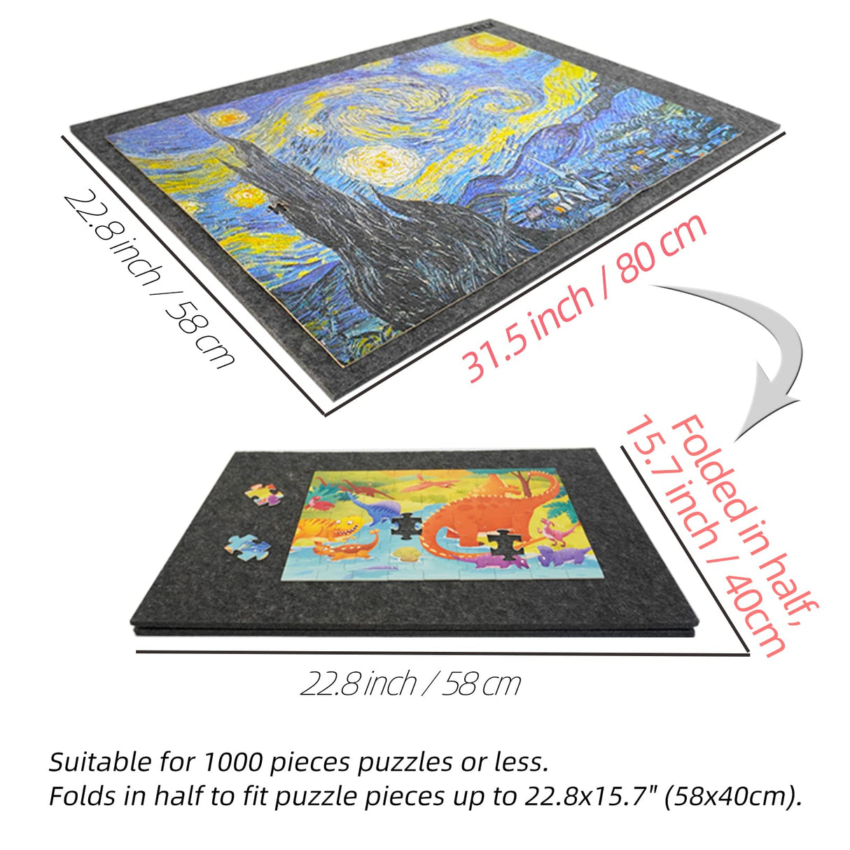 TELY Foldaway Puzzle Board Felt Mat for up to 1000 Pieces of Jigsaw Puzzle, Foldable for Easy Storage, Portable Puzzle Pad, (Black/9mm Thickness) TELY