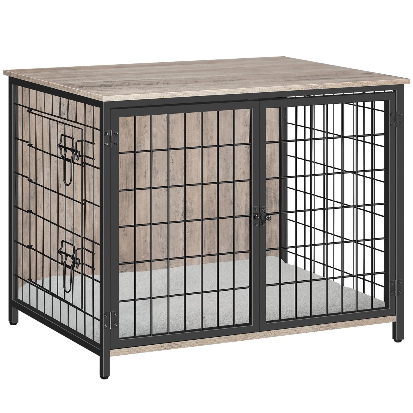 MAHANCRIS Dog Crate Furniture with Cushion, Wooden Dog Kennel with Double Doors, Heavy Duty Dog Cage for Small/Medium/Large Dogs, Indoor Dog House End Table, 31.5" L, Greige DCHG0701 - WoodArtSupply