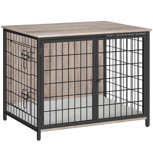 MAHANCRIS Dog Crate Furniture with Cushion, Wooden Dog Kennel with Double Doors, Heavy Duty Dog Cage for Small/Medium/Large Dogs, Indoor Dog House End Table, 31.5" L, Greige DCHG0701 - WoodArtSupply