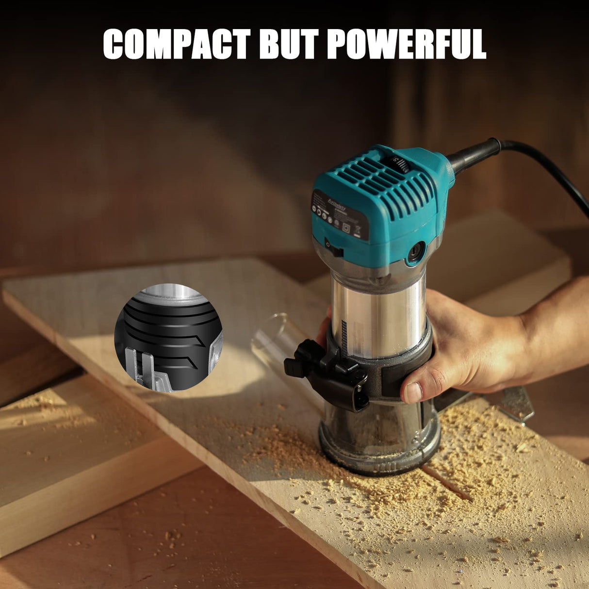 Avtbeisty 6.5-Amp Wood Router Tool, 1.25 HP Compact Trim Router with 6 Variable Speed, Fixed Base, 12 Wood Router Bits, 1/4" & 3/8" Collets, Edge Guide, Roller Guide, and Dust Hood Avtbeisty