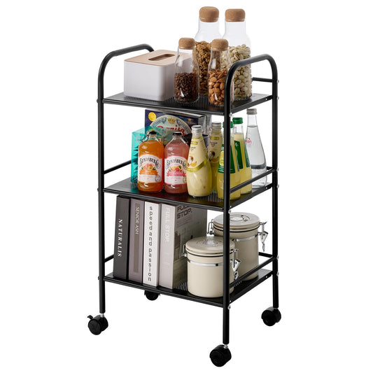 VEVOR 3-Tier Metal Rolling Cart, Heavy Duty Utility Cart with Lockable Wheels, Multi-Functional Storage Trolley with Handle for Office, Living Room, Kitchen, Movable Storage Organizer Shelves, Black