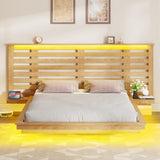 Albott Farmhouse Floating Bed Frame with Extended Headboard, LED Lights & Integrated Charging Station - Natural Oak Albott