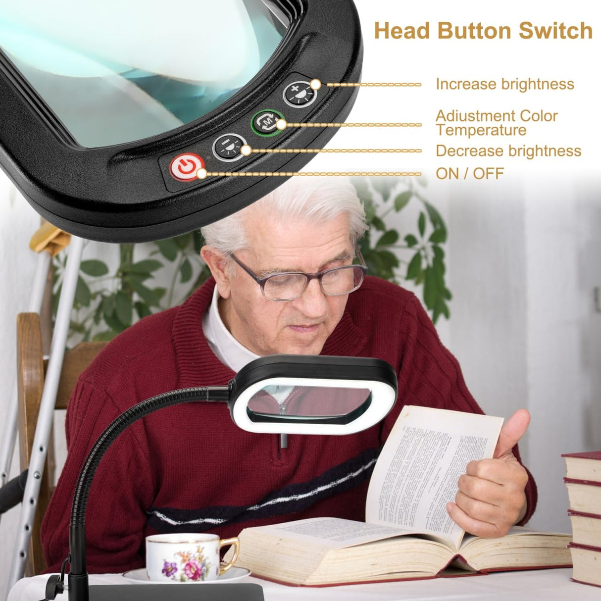 Veemagni 10X Rectangle Magnifying Glass with Light and Stand, Flexible Gooseneck LED Lighted Desk Lamp, 5 Color Modes Stepless Dimmable, Hands Free Magnifier for Reading Crafts Painting Close Work Veemagni