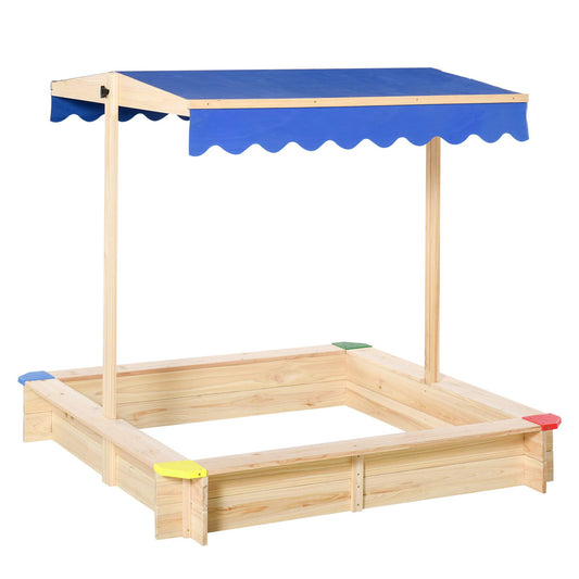 Outsunny Wooden Sandbox w/Adjustable Canopy, Children Outdoor Playset Weather Resistant 47" L x 47" W x 47" H, Natural & Blue