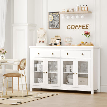 FOTOSOK Sideboard Buffet Cabinet with Storage, 55" Large Sideboard Cabinet with 2 Drawers and 4 Doors, Modern Kitchen Cabinet with Glass Doors, Coffee Bar Cabinet Buffet Table for Dining Room