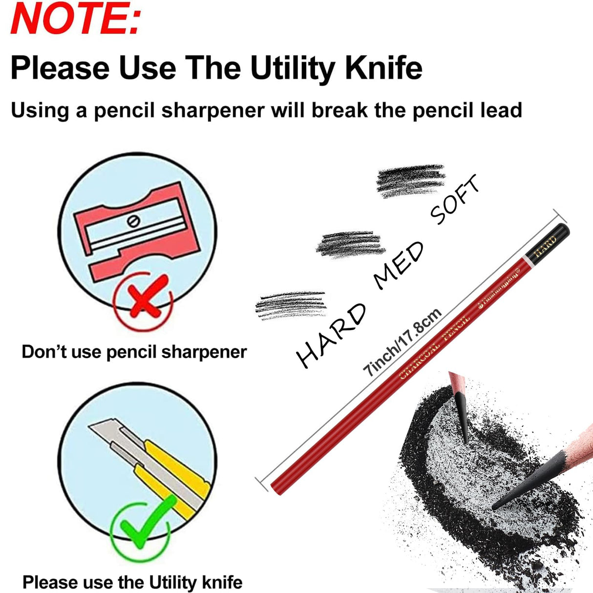 Daerthotk Charcoal Pencils Drawing Set, 12 Pieces Soft, Medium and Hard Black Sketch Charcoal Pencils for Drawing, Sketching, Shading, Blending, Artist Pencils for Beginners & Pro Artists Daerthotk