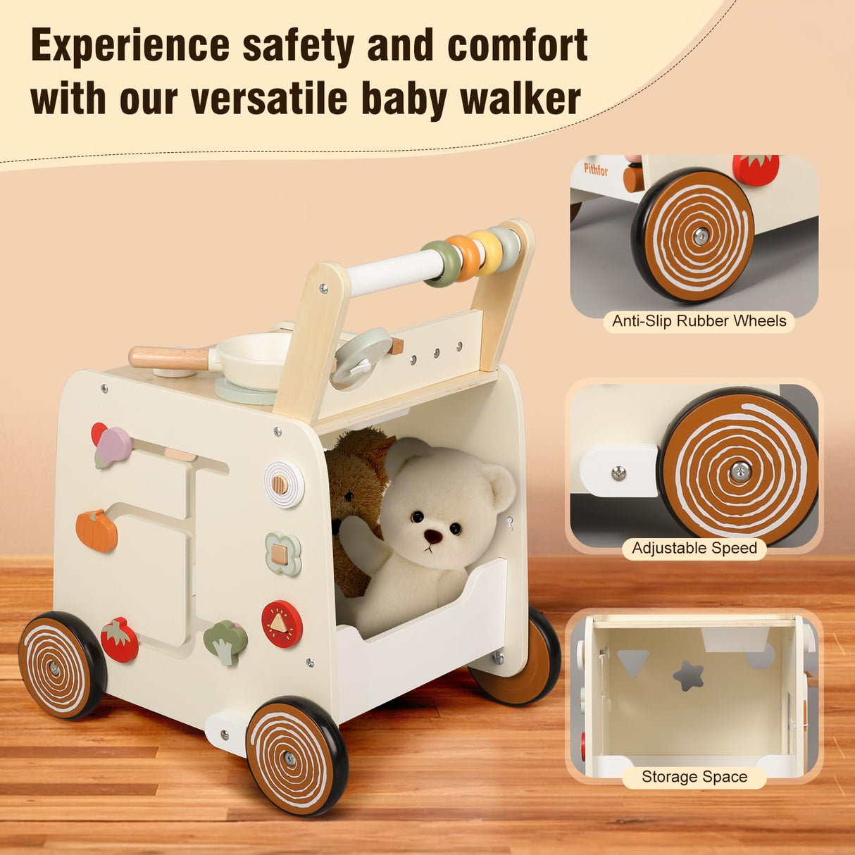 Pithfor Wooden Baby Walker, 3-in-1 Baby Push Walker, with Pretend Kitchen, Montessori Sensory Activity Center, Push Walker Toys for Babies Learning to Walk, Sit-to-Stand Pithfor