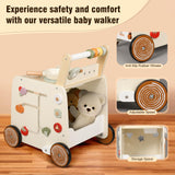 Pithfor Wooden Baby Walker, 3-in-1 Baby Push Walker, with Pretend Kitchen, Montessori Sensory Activity Center, Push Walker Toys for Babies Learning to Walk, Sit-to-Stand Pithfor