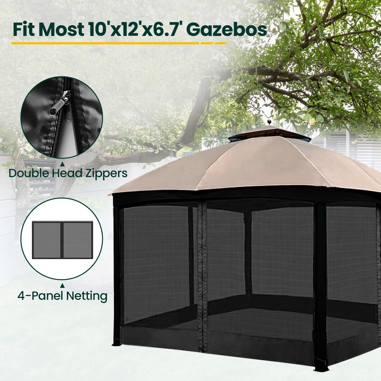 OLILAWN Gazebo Universal Replacement Mosquito Netting, 10' x 12' Outdoor Canopy Net Screen 4-Panel Sidewall Curtain, with Zippers, Easy to Install, Fit for Most Gazebo 10x12 Canopy, Black OLILAWN