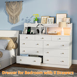 Yeyawomy 9 Drawers Dresser with LED Light, Dresser for Bedroom with Power Outlet, Modern Chest of Drawers, Storage Dresser with Open Storage Space, Dressers & Chests of Drawers for Closet (White) Yeyawomy