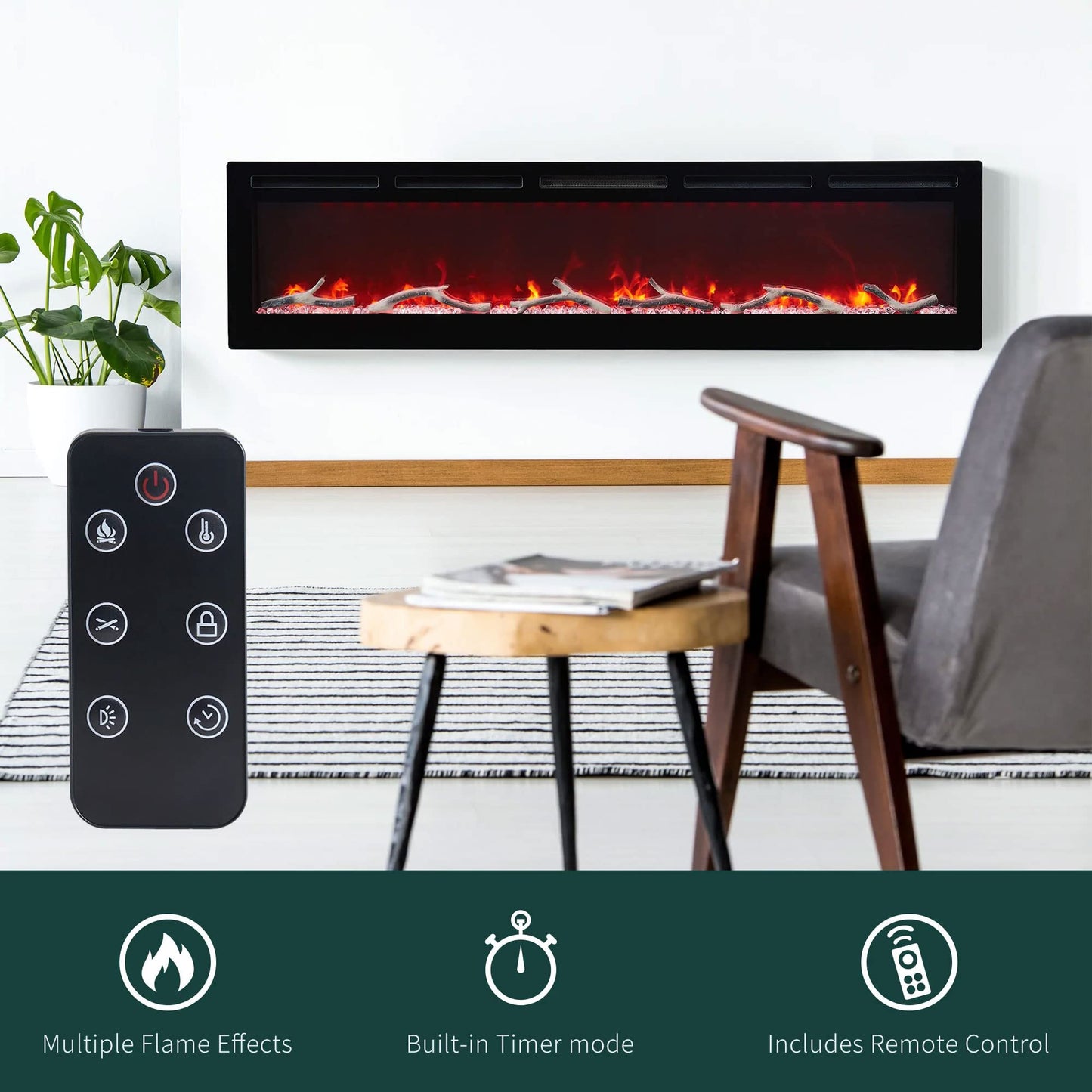 EDYO LIVING 50 inches Electric Fireplace Recessed and Wall Mounted Electric Fireplace Heater and Linear with Timer, Remote Control, Adjustable Flame Color