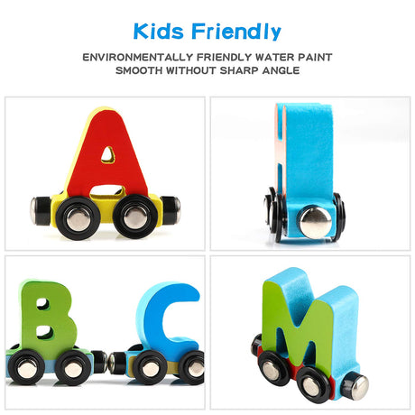Wooden Alphabet Train Toy 27 PCS Magnetic Alphabet ABC Set Includes 1 Engine and 1 Storage Box Letter Cars for Toddlers Kids Boys and Girls, Compatible with Tracks Wondertoys
