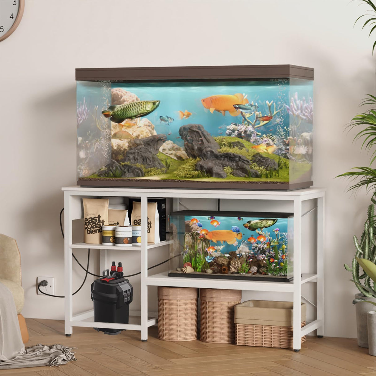 BEURUKU 55-75 Gallon Fish Tank Stand with Power Outlet & LED Light, Metal Aquarium Stand with 3 Tier Adjustable Storage Shelves, Tank Stand for Reptile Tank, Turtle Tank, 52" L*19.5" W, White BEURUKU